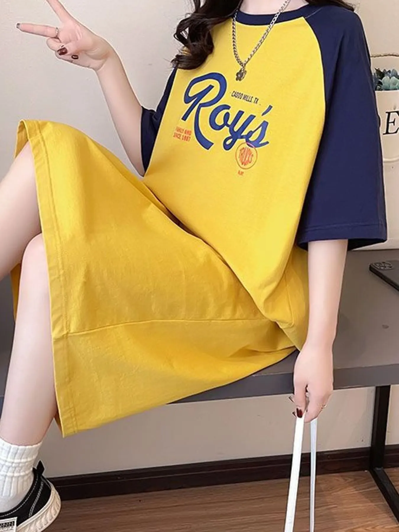 Color-Block Raglan Sleeve Letter Graphic T-Shirt Dress
