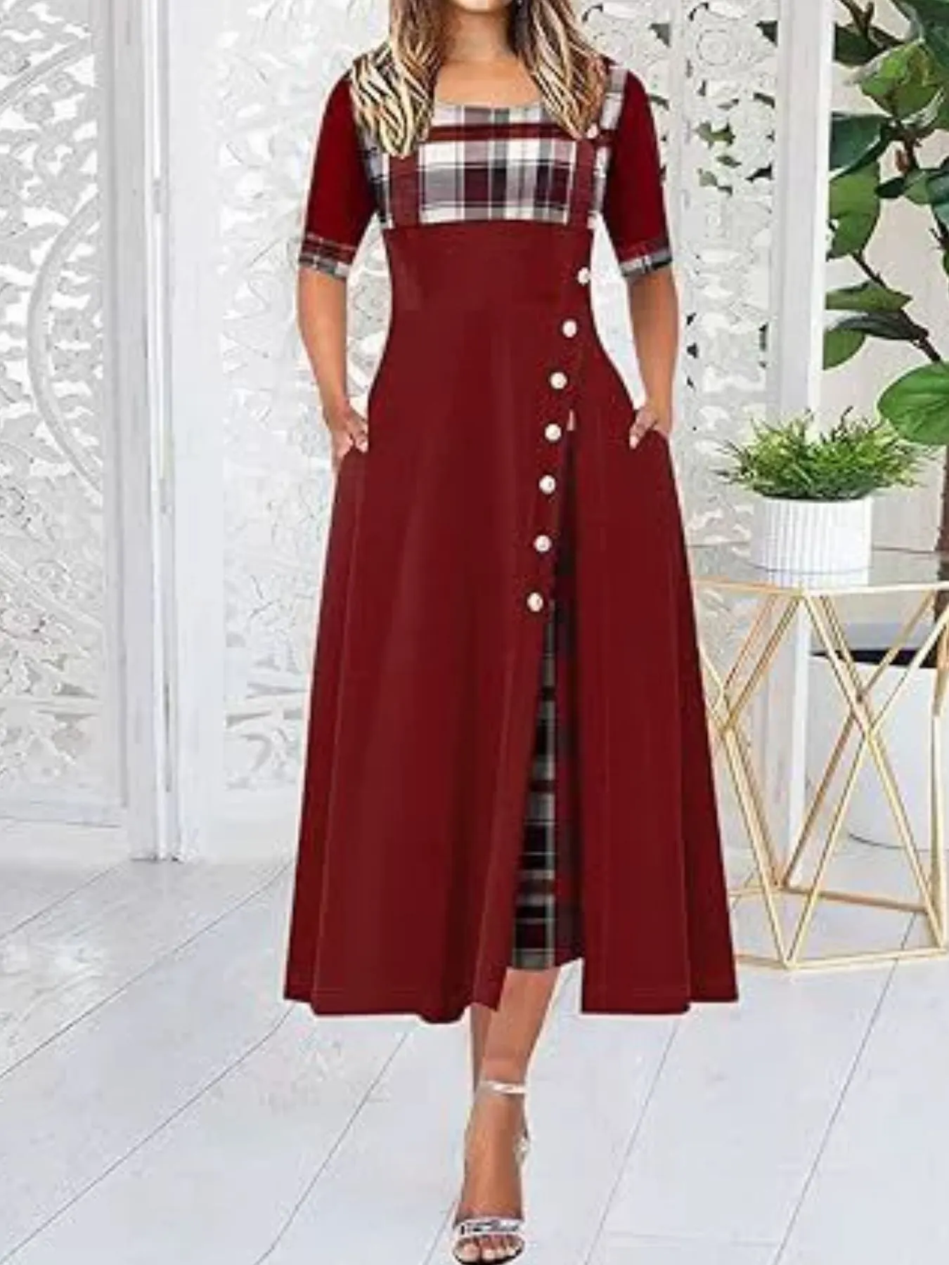 Full Size Plaid Half Sleeve Midi Dress Plus Size