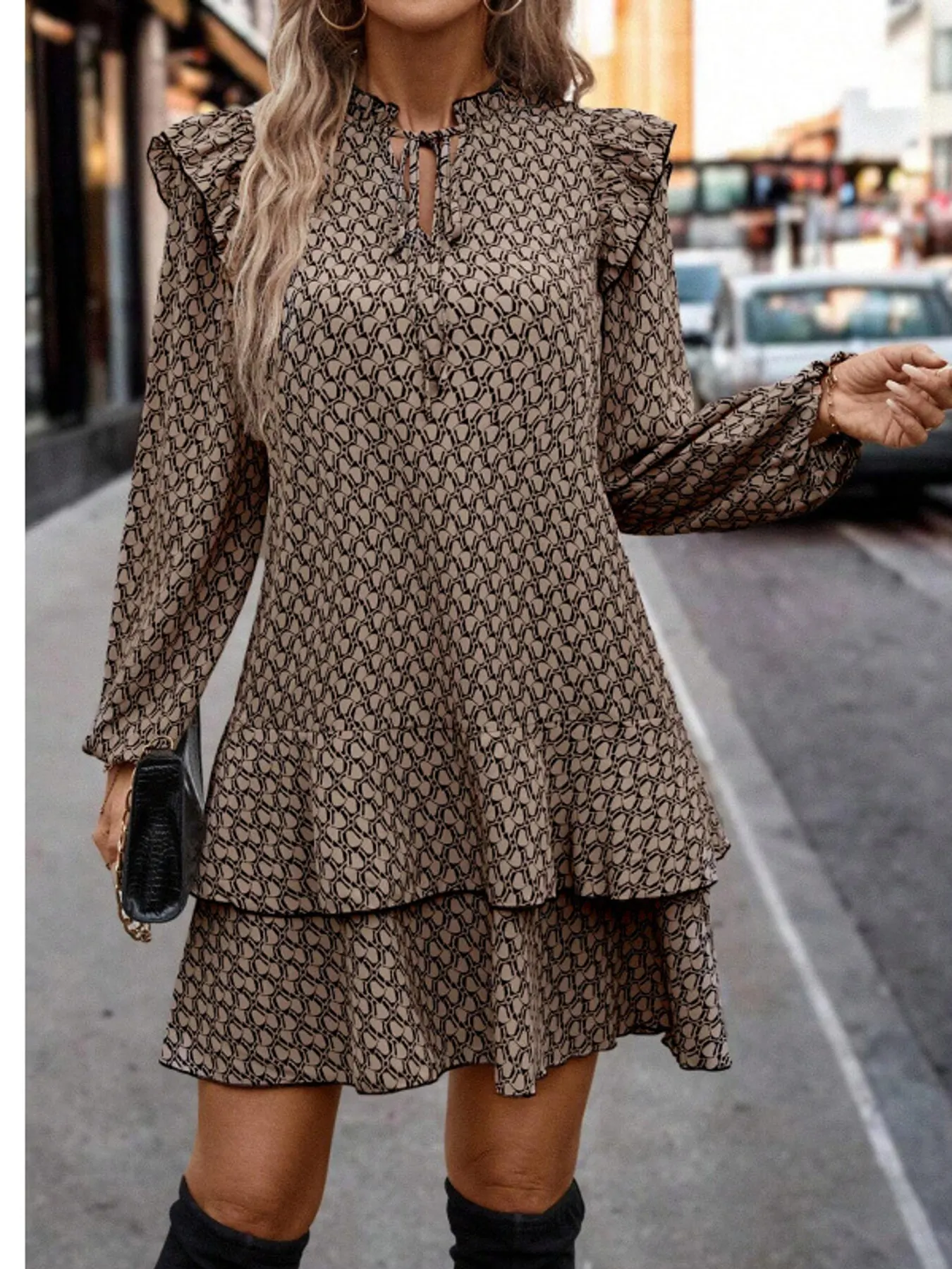 Geometric Print Ruffled Long Sleeve Dress
