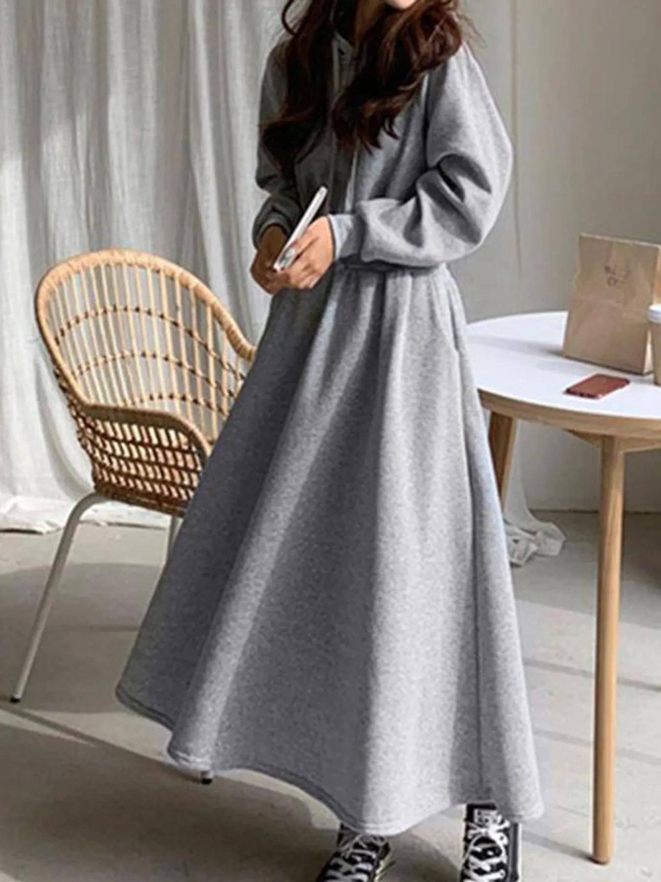 Casual Hooded Long Sleeve A-Line Sweatshirt Dress