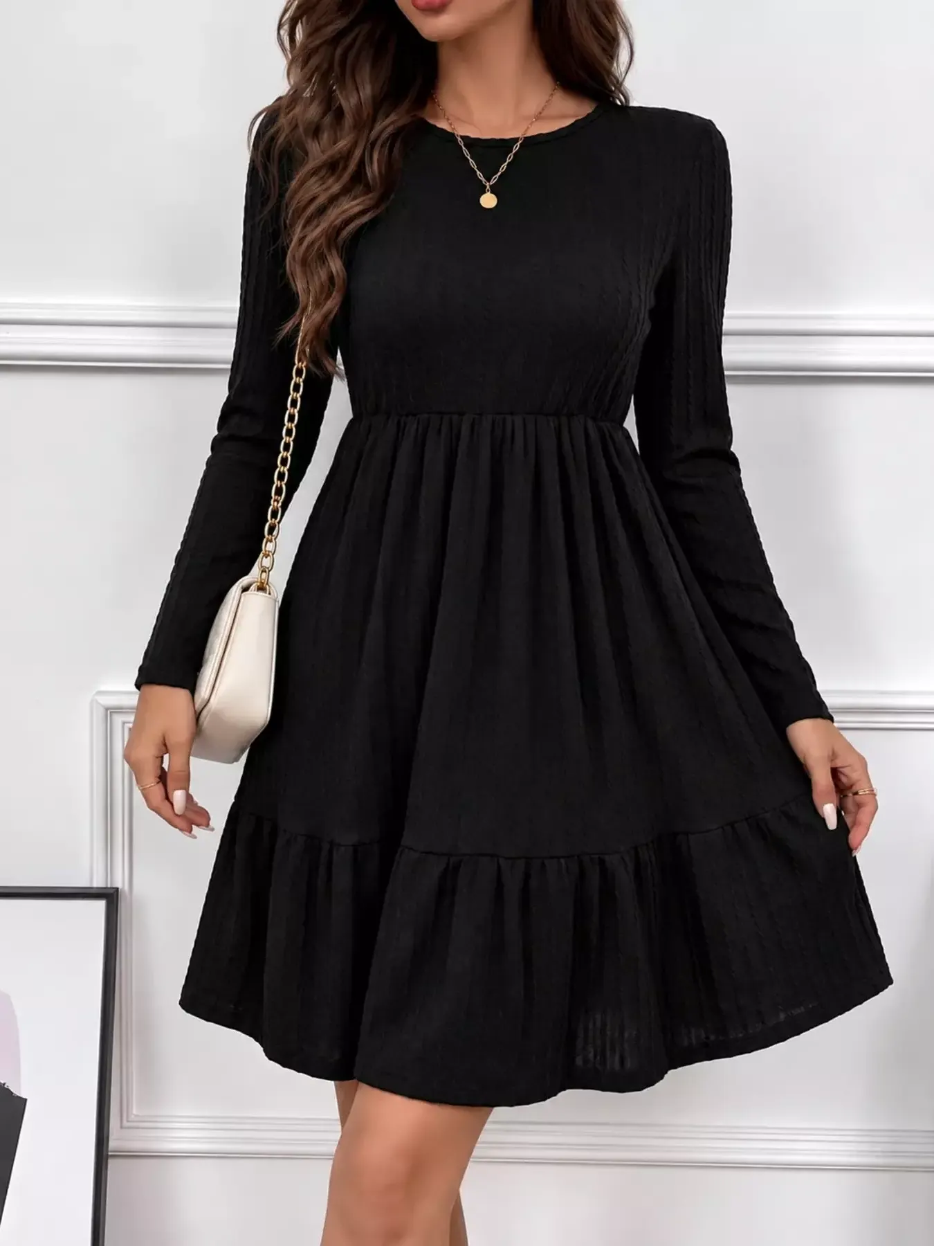 Elegant Long Sleeve Ruffle Hem Mini Dress
