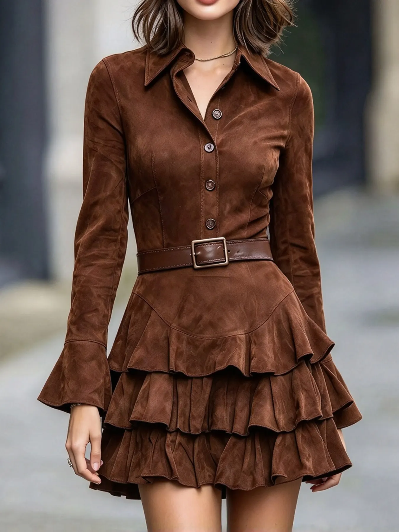 Ruffle Layered Button Front Mini Dress