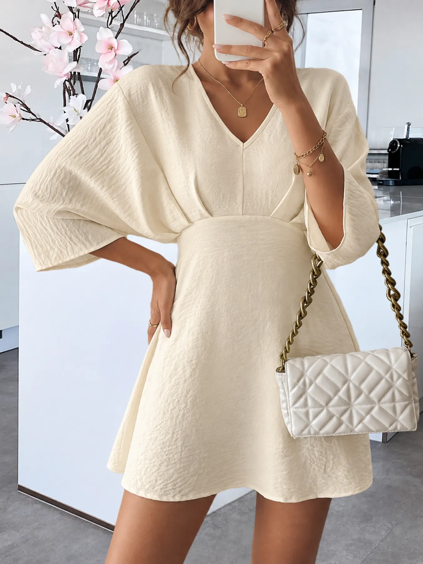 V-Neck Textured Mini Dress