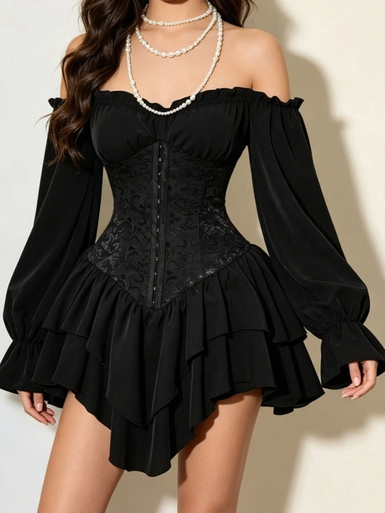 Off-Shoulder Corset Style Ruffle Hem Mini Dress