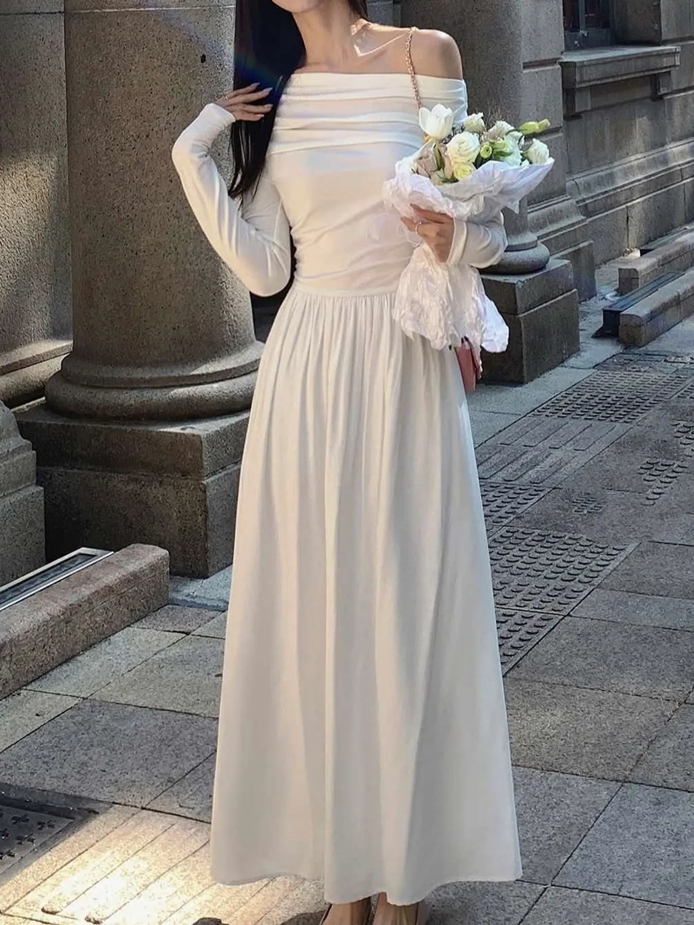 Off-Shoulder Long Sleeve Maxi Dress